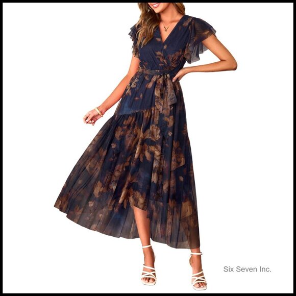 Dresses & Skirts - Summer Floral Maxi Dress with V-Neck Short Sleeve Belted Mesh Hem